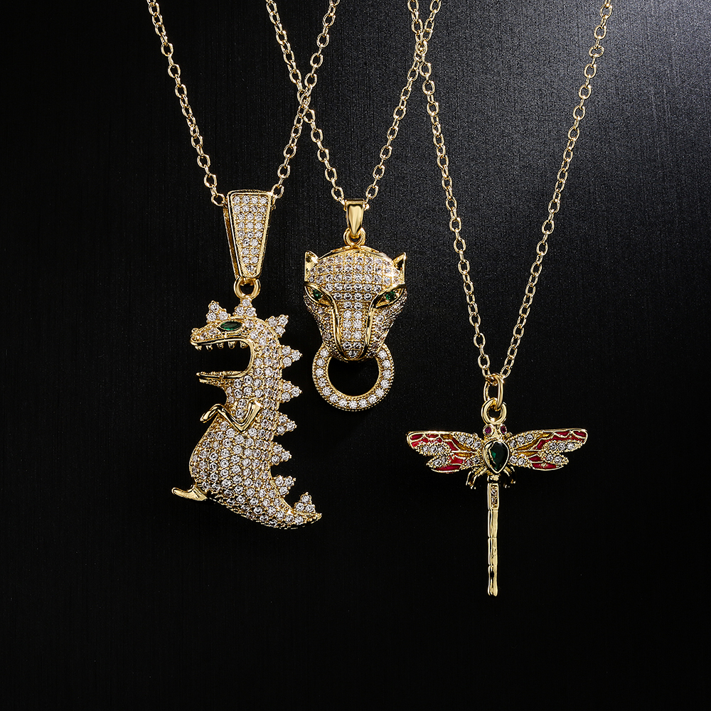 Fashion 18k Gold Zircon Dinosaur Shaped Leopard Head Dragonfly Pendant Necklace display picture 4