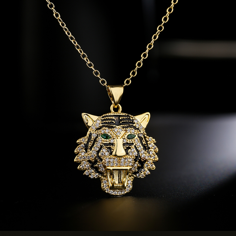 Fashion Copper 18k Gold Plating Zircon Animal Necklace Tiger Leopard Lion Pendant display picture 3