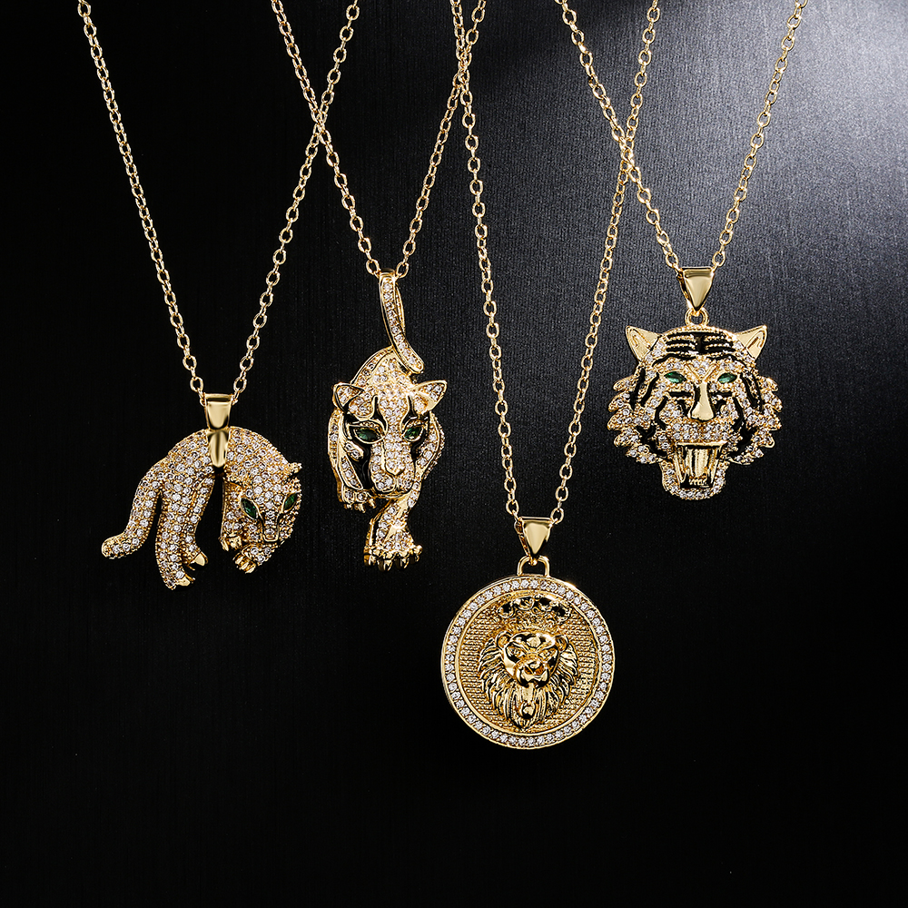 Fashion Copper 18k Gold Plating Zircon Animal Necklace Tiger Leopard Lion Pendant display picture 4