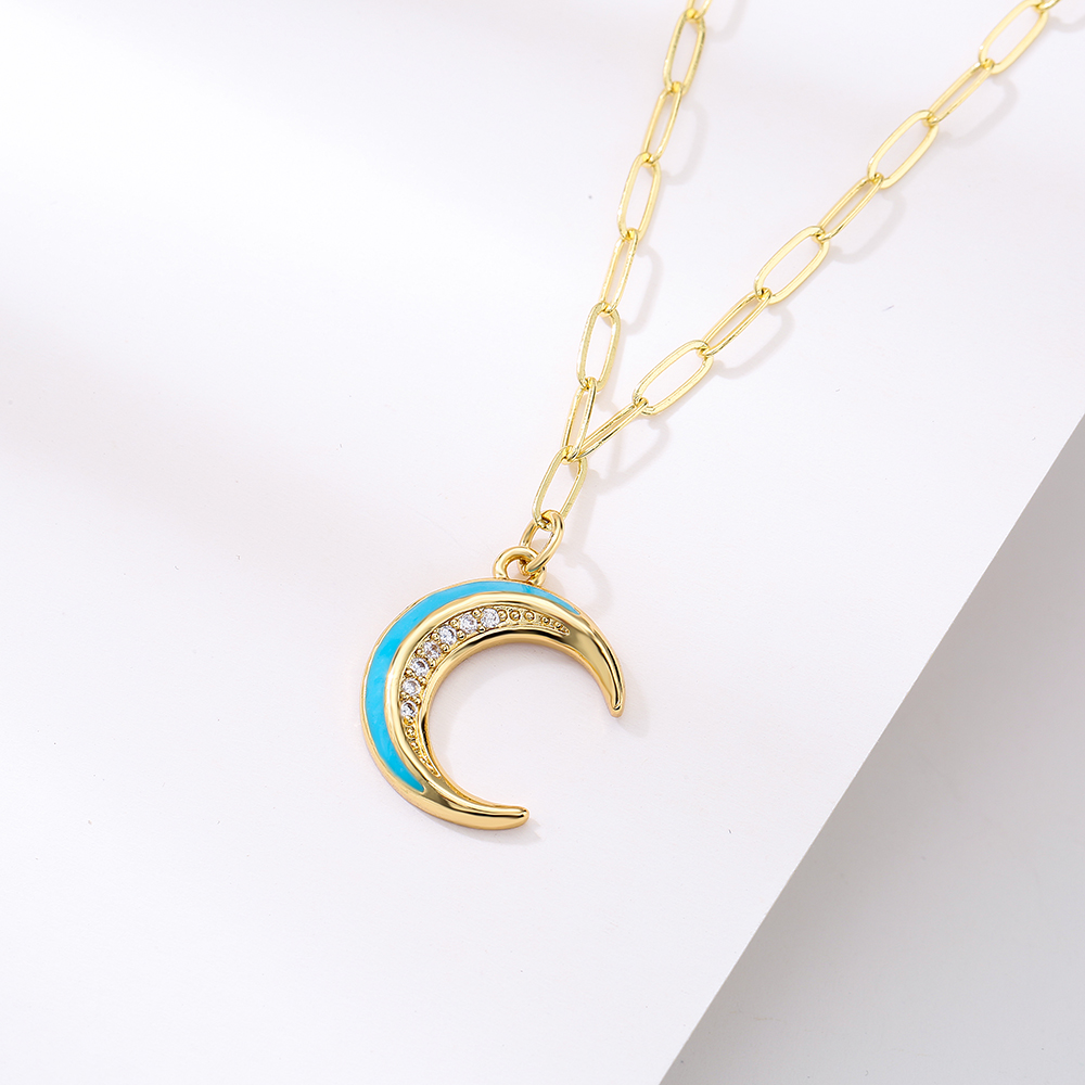 Fashion Copper Plating 18k Gold Zircon Dripping Moon Rainbow Pendant Necklace Female display picture 1