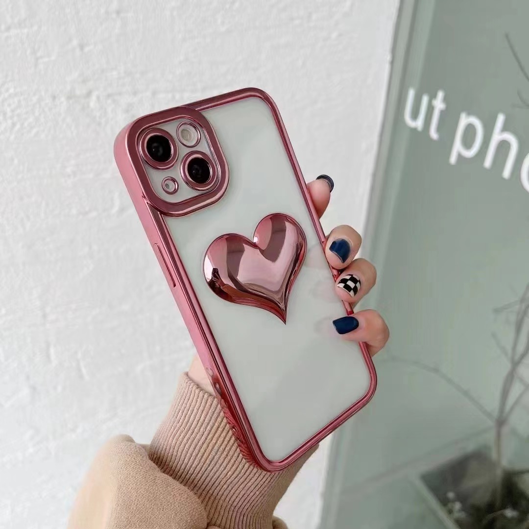 Three-dimensional Heart Transparent Electroplating All-inclusive Silicone Drop-resistant Iphone13 Phone Case display picture 2