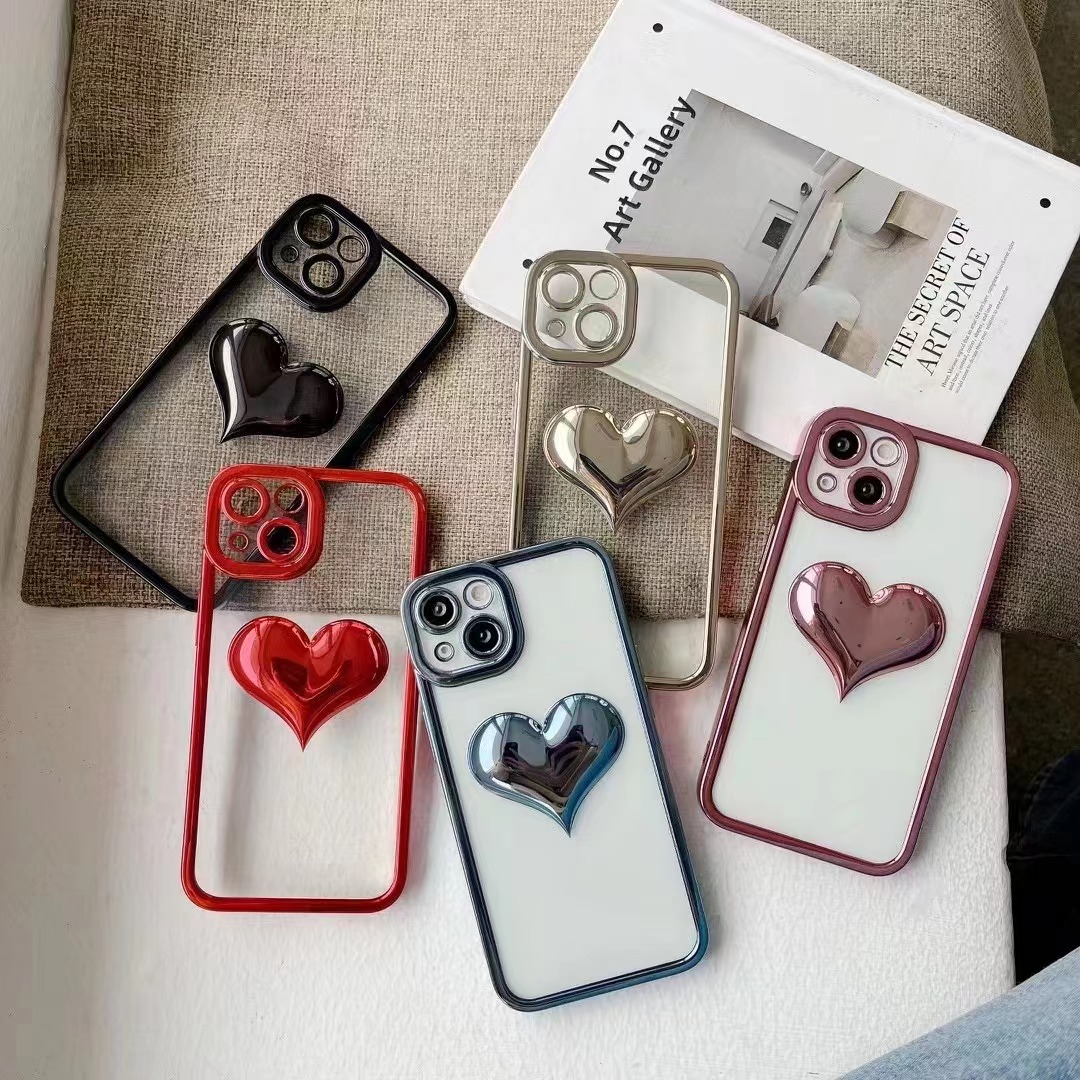 Three-dimensional Heart Transparent Electroplating All-inclusive Silicone Drop-resistant Iphone13 Phone Case display picture 4