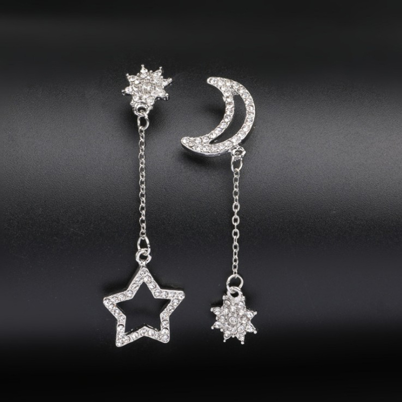 Adorno De Moda Con Incrustaciones De Diamantes De Imitación, Pendiente Asimétrico De Estrella Y Luna display picture 3