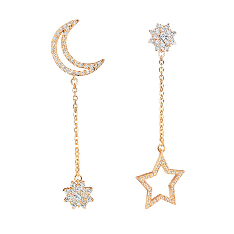 Adorno De Moda Con Incrustaciones De Diamantes De Imitación, Pendiente Asimétrico De Estrella Y Luna display picture 4