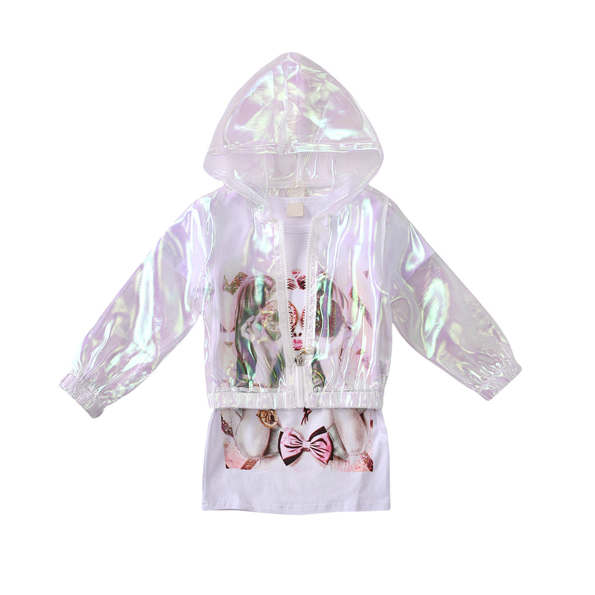 2022 New Summer Children Transparent Organza Hooded Coat Printed Skirt Suit display picture 1