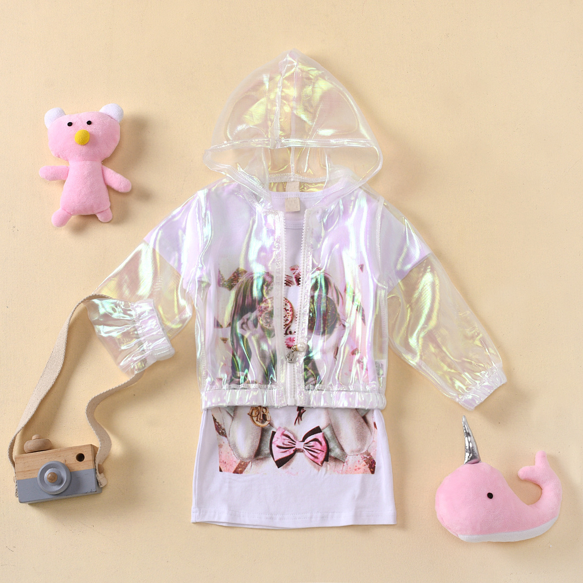 2022 New Summer Children Transparent Organza Hooded Coat Printed Skirt Suit display picture 2