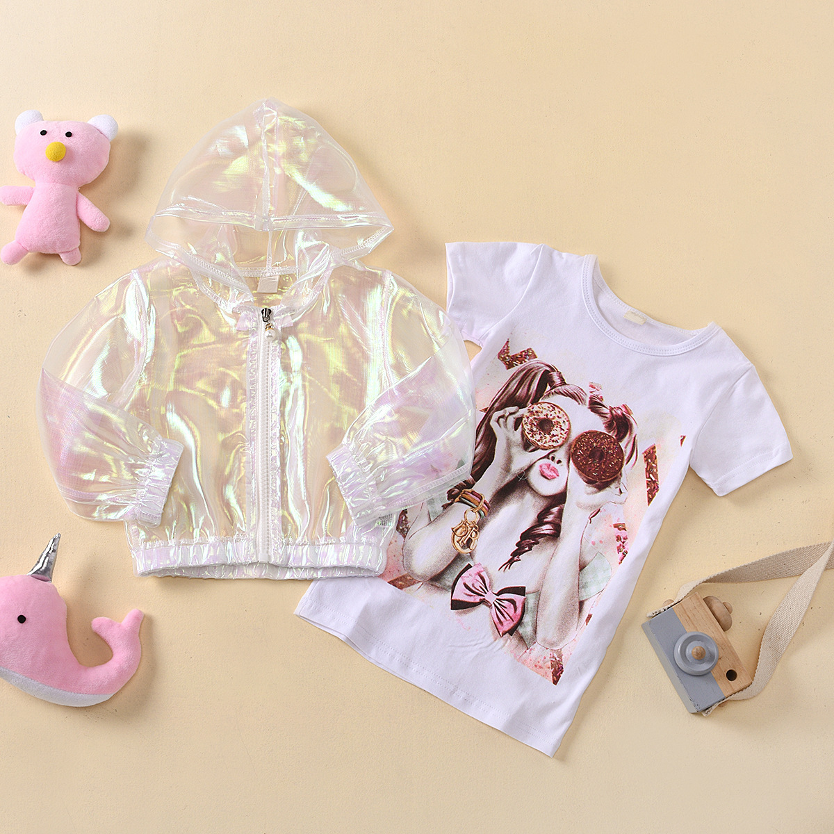 2022 New Summer Children Transparent Organza Hooded Coat Printed Skirt Suit display picture 3