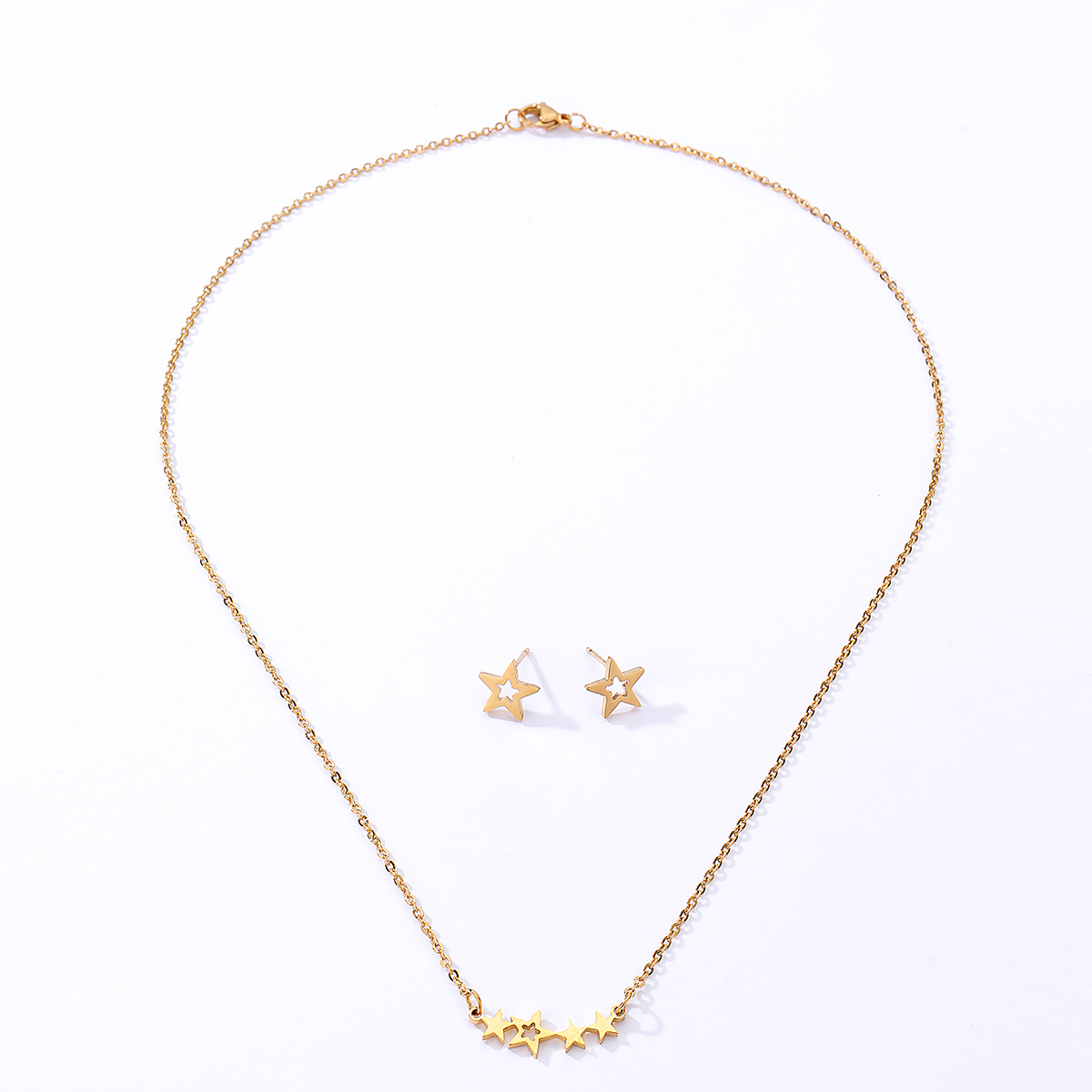 Einfache Mode Galvani 18k Gold Pentagramm Stern Edelstahl Stud Ohrringe Halskette Set display picture 1