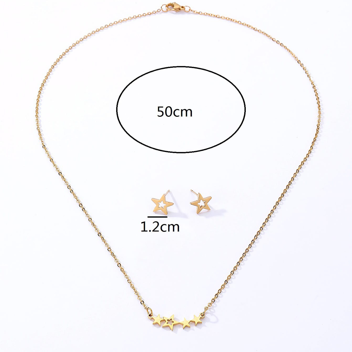 Einfache Mode Galvani 18k Gold Pentagramm Stern Edelstahl Stud Ohrringe Halskette Set display picture 2