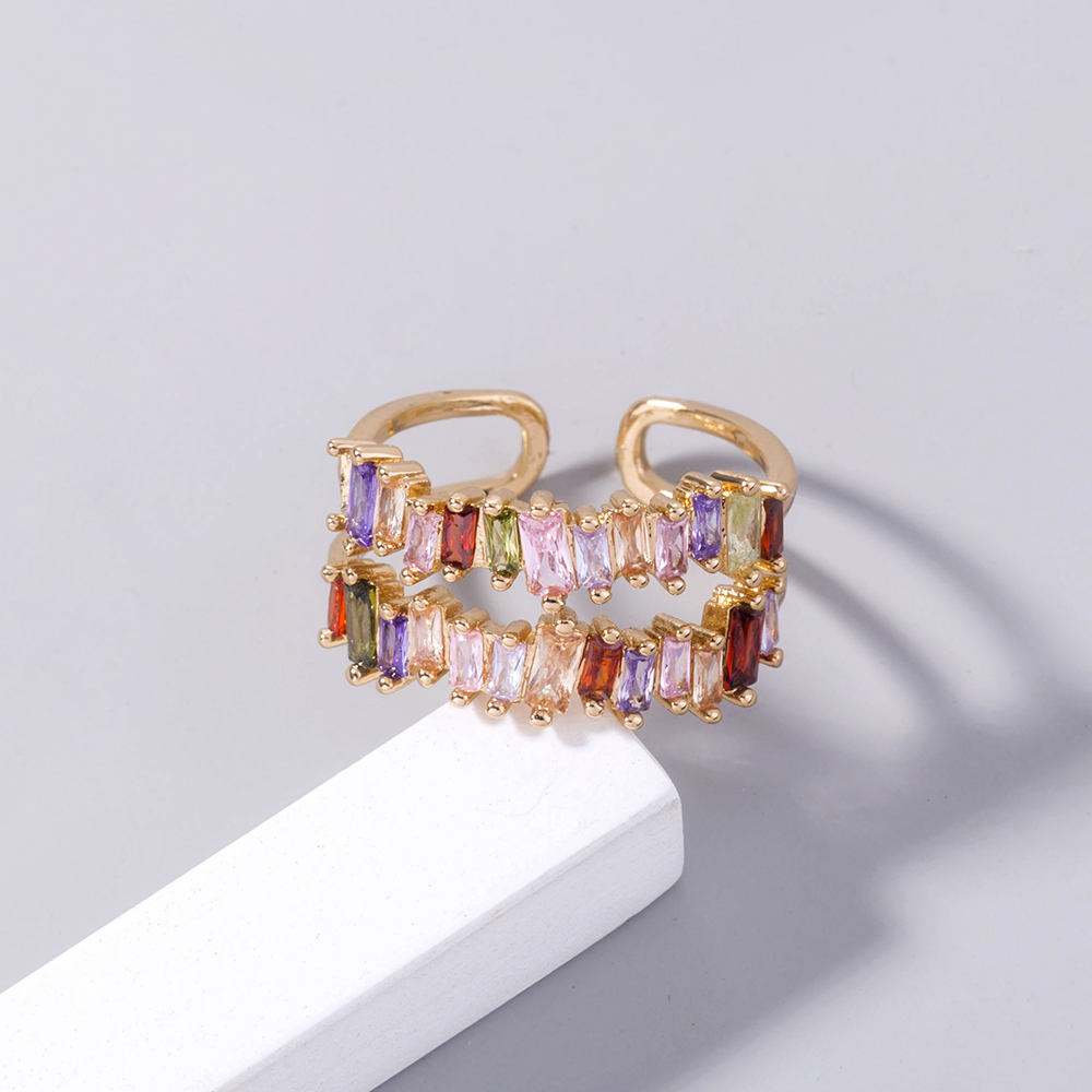 Fashion Irregular Square Double Row Color Zircon Opening Copper Ring display picture 5