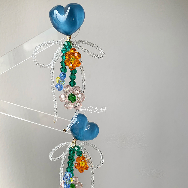 Fashion Elegant Spring Summer Heart Crystal Flowers Bow Tassel  Earrings display picture 1