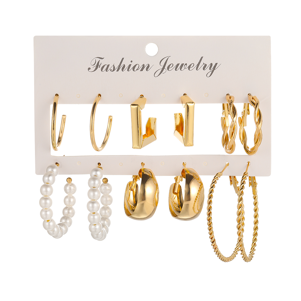 Simple Golden Geometric Pearl Alloy 6-piece Hoop Earrings Set display picture 2