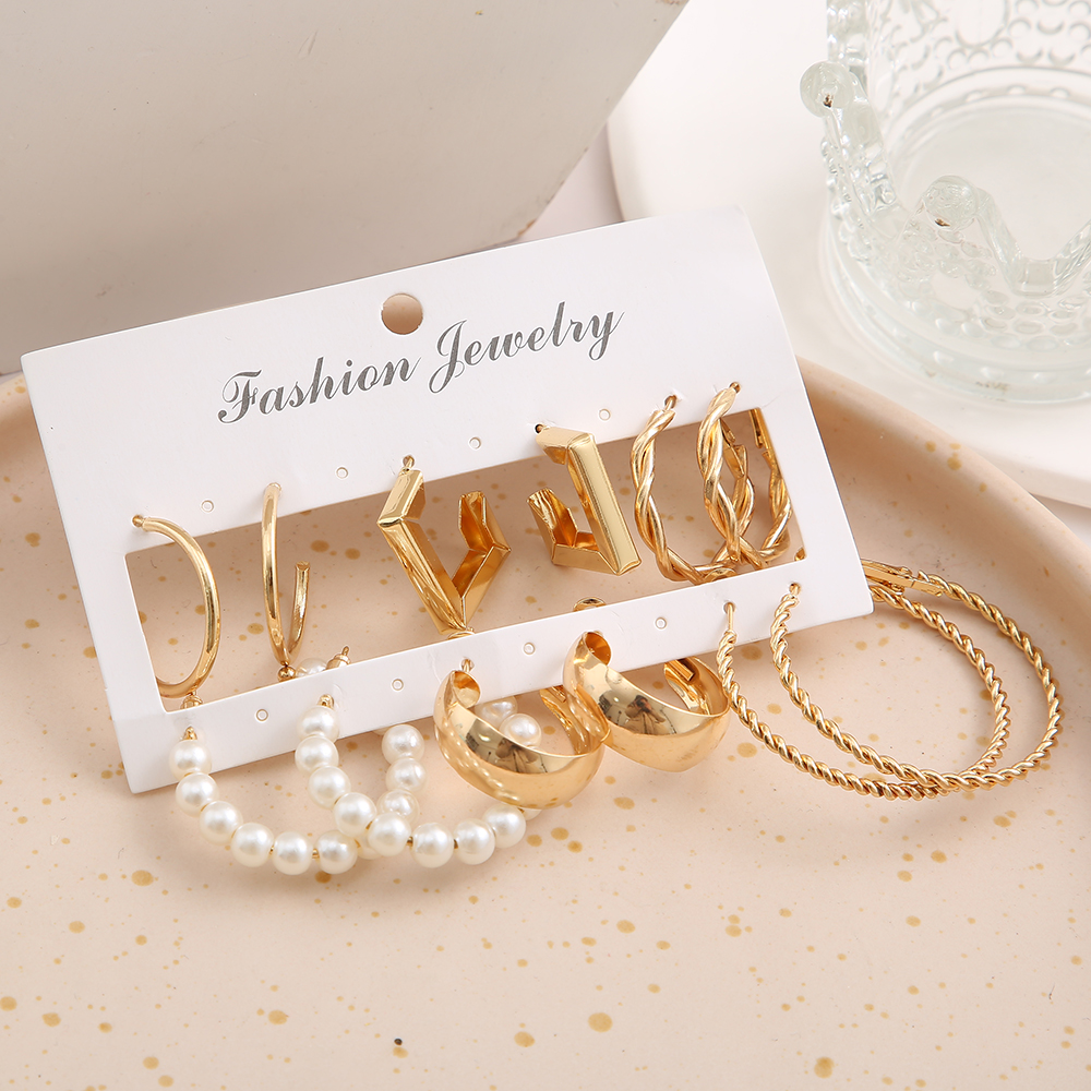 Simple Golden Geometric Pearl Alloy 6-piece Hoop Earrings Set display picture 3