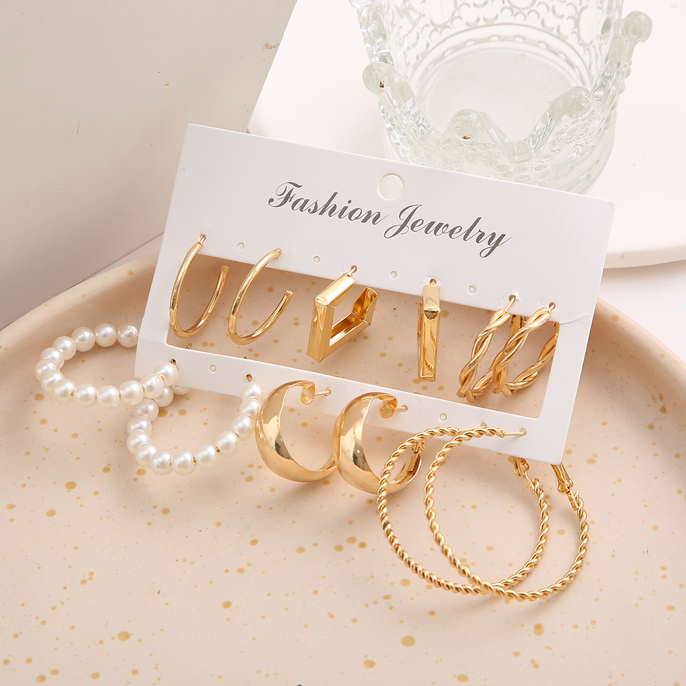 Simple Golden Geometric Pearl Alloy 6-piece Hoop Earrings Set display picture 4