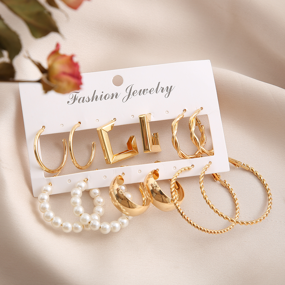 Simple Golden Geometric Pearl Alloy 6-piece Hoop Earrings Set display picture 5