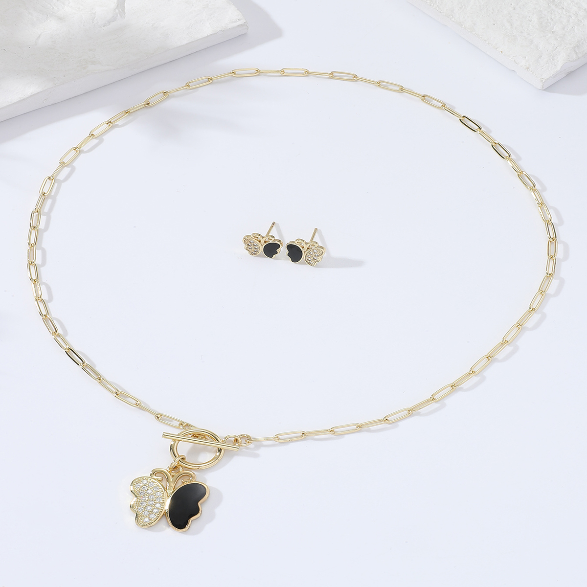 Mode Einfache Schmetterling-förmigen Intarsien Zirkon Überzug Gold Kupfer Halskette Ohrringe Set display picture 4