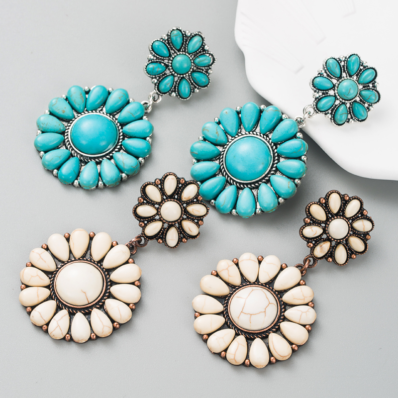 Retro Ethnic Alloy Turquoise Solid Color Blue White Earrings display picture 2