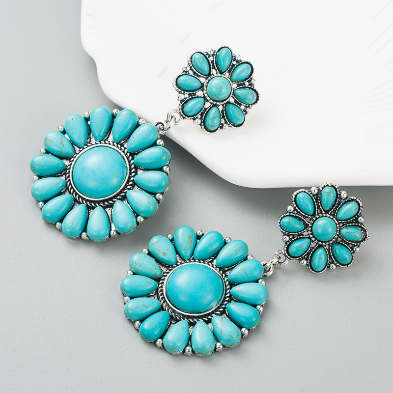 Retro Ethnic Alloy Turquoise Solid Color Blue White Earrings display picture 6