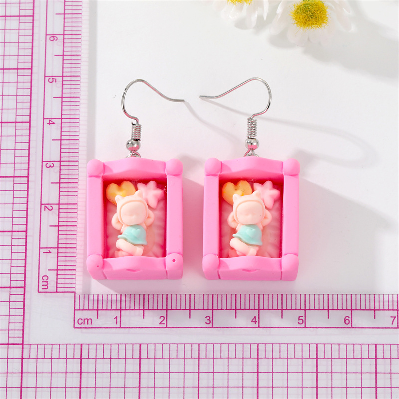 Fashion New Cute Sleep Baby Crib Simulation Three-dimensional Toy Earrings Resin display picture 2