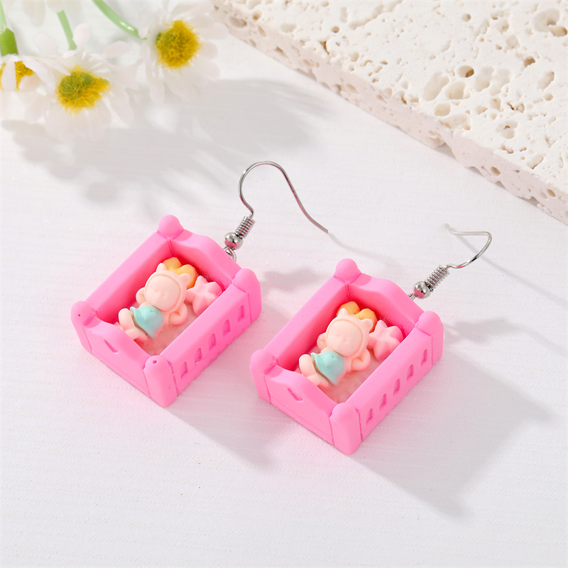 Fashion New Cute Sleep Baby Crib Simulation Three-dimensional Toy Earrings Resin display picture 3