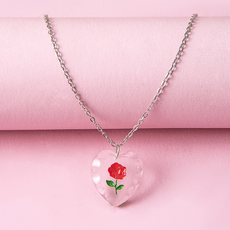 Cute Acrylic Heart Shape Rose Earrings Necklace Daily Unset 1 Piece display picture 4