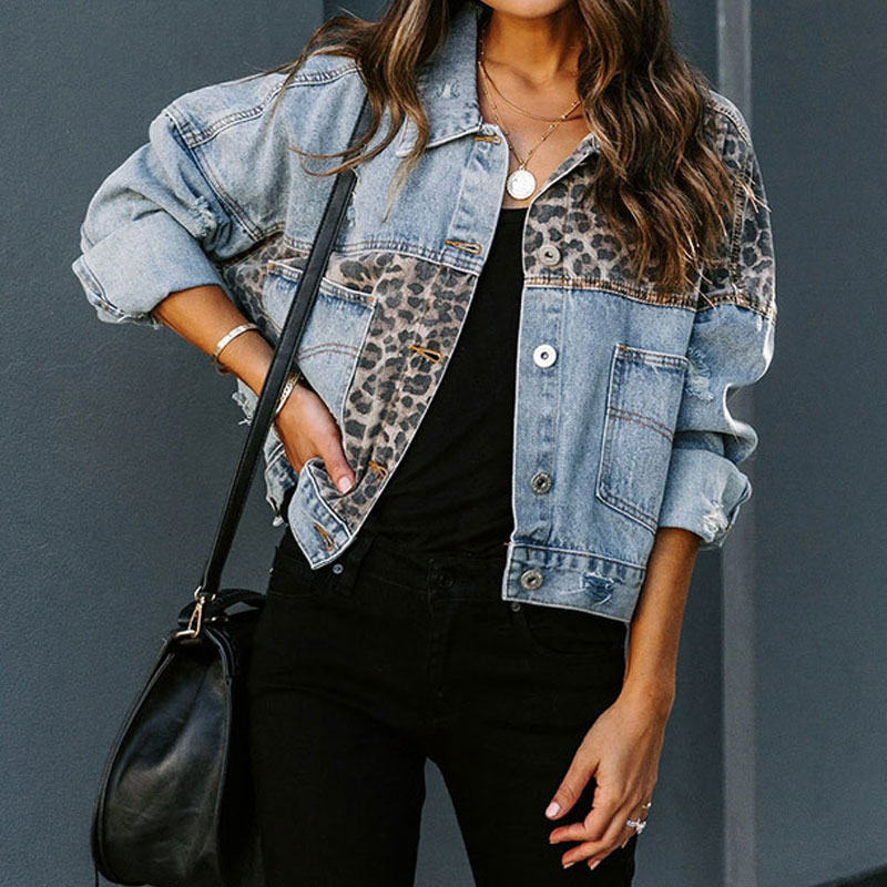 Women's Casual Fashion Leopard Turndown Long Sleeve Coat Regular Sleeve Button Denim Jacket display picture 4