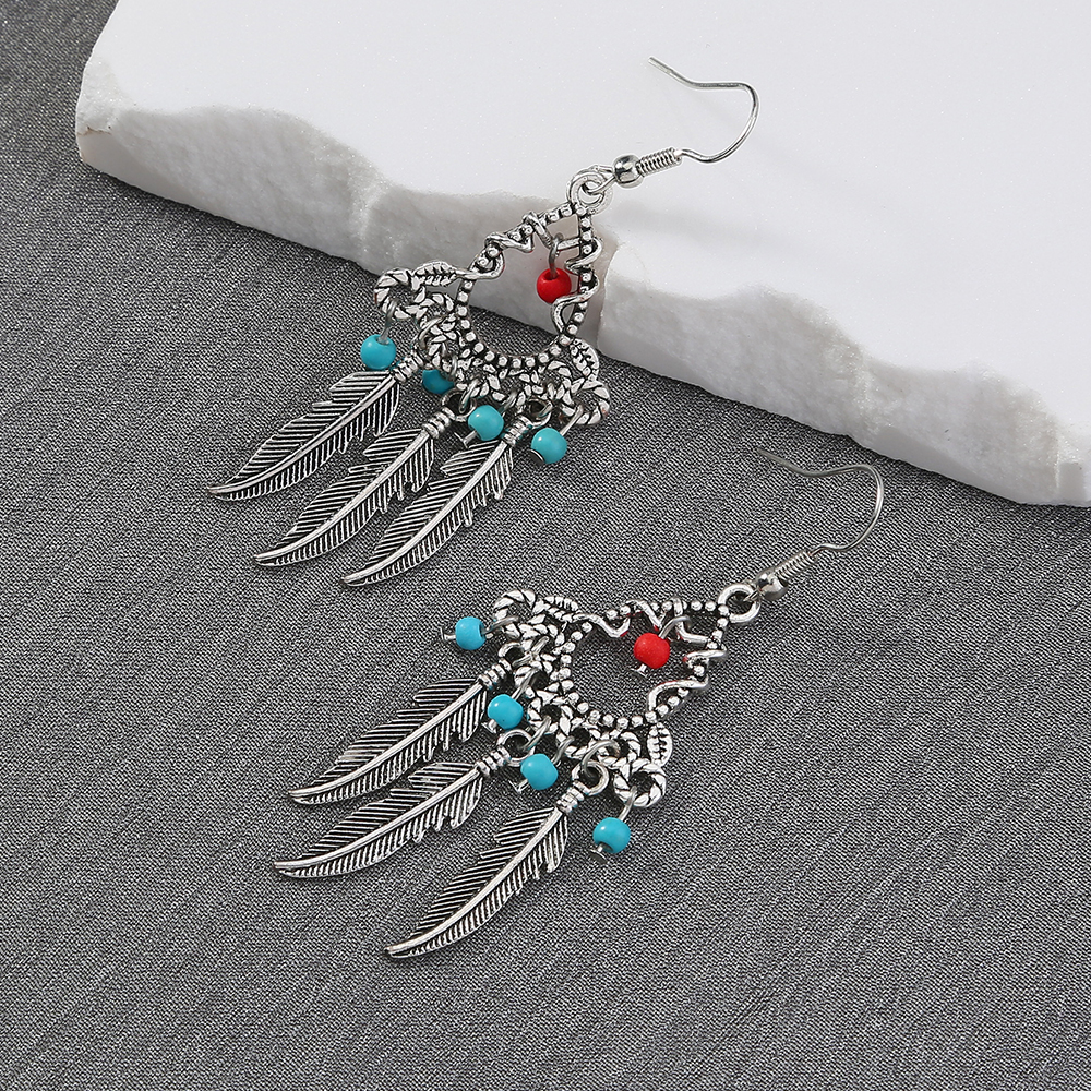 Ethnic Style Tassel Feather Alloy Plating Turquoise Earrings display picture 2