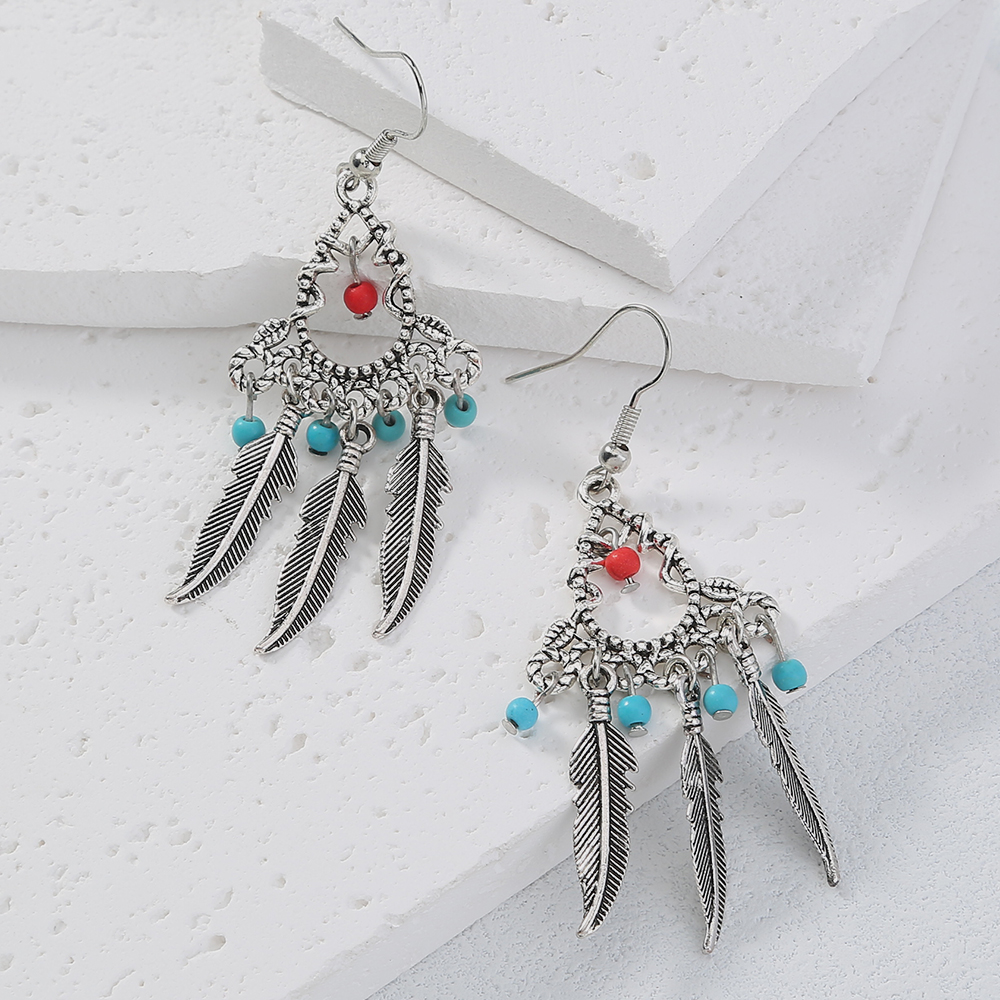 Ethnic Style Tassel Feather Alloy Plating Turquoise Earrings display picture 1