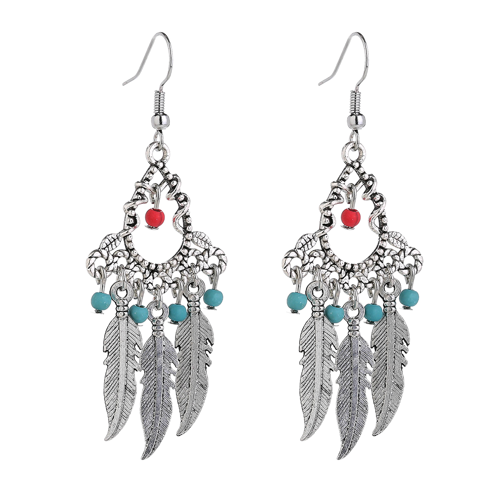 Ethnic Style Tassel Feather Alloy Plating Turquoise Earrings display picture 3