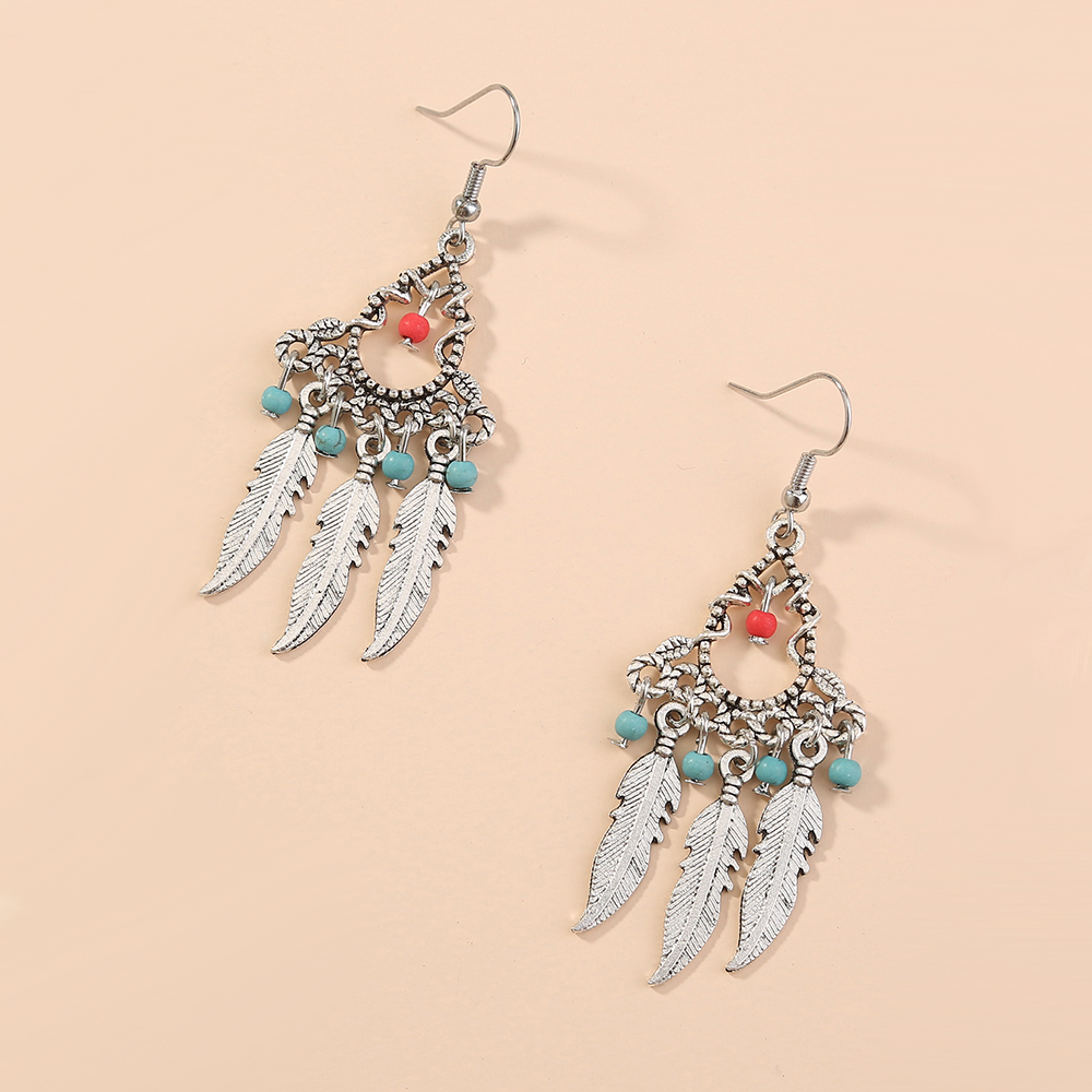 Ethnic Style Tassel Feather Alloy Plating Turquoise Earrings display picture 5