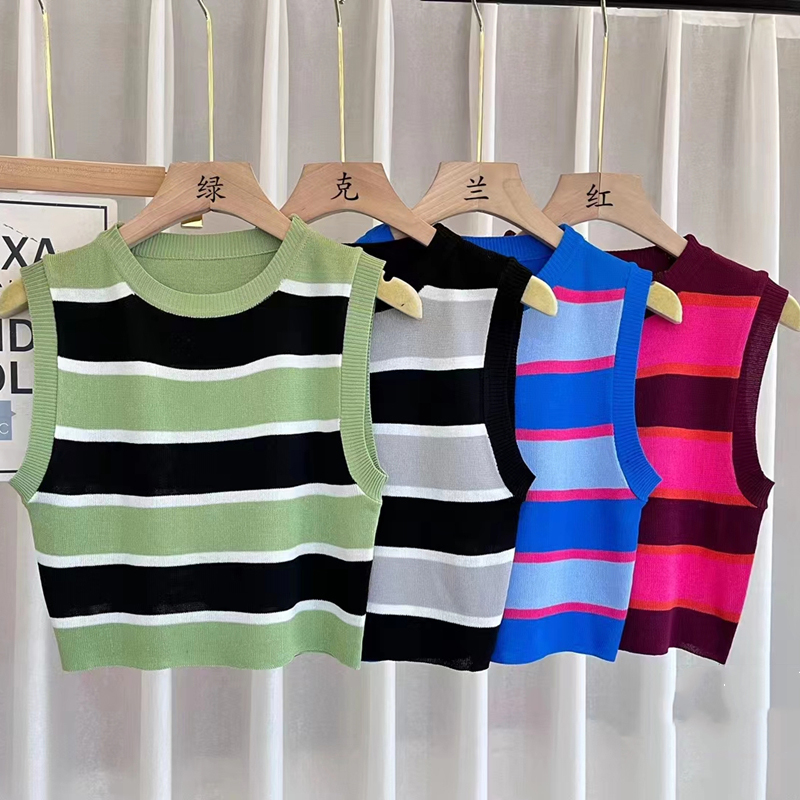 Fashion Stripe Knitted Fabric Round Neck Wrap Crop Top T-shirts display picture 4