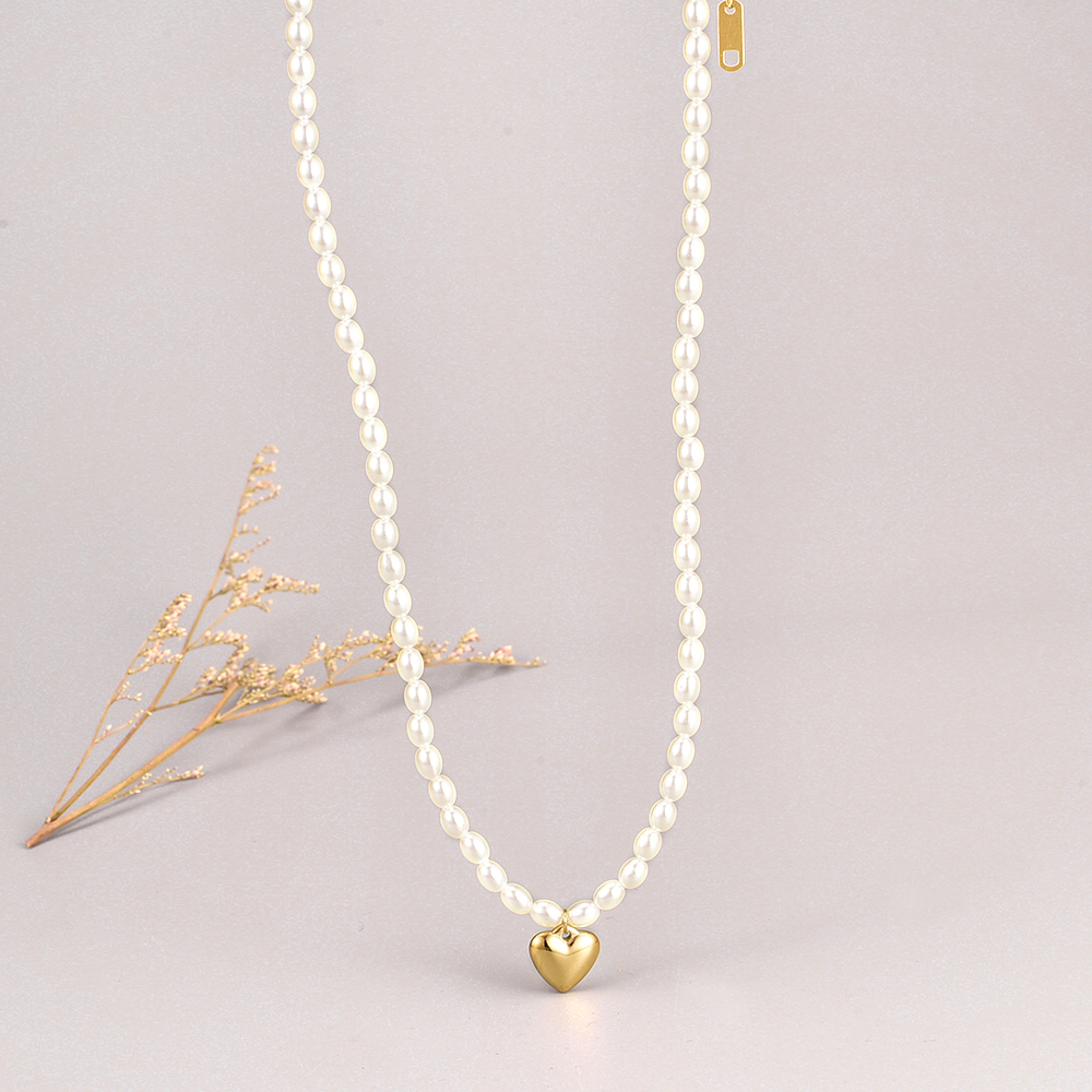 Luxuriös Herz Titan Stahl Halskette Perlen Künstliche Perlen Edelstahl Halsketten display picture 2