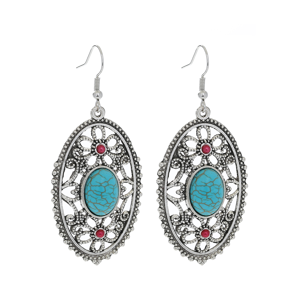 Vintage Style Oval Flower Alloy Hollow Out Turquoise Earrings display picture 2