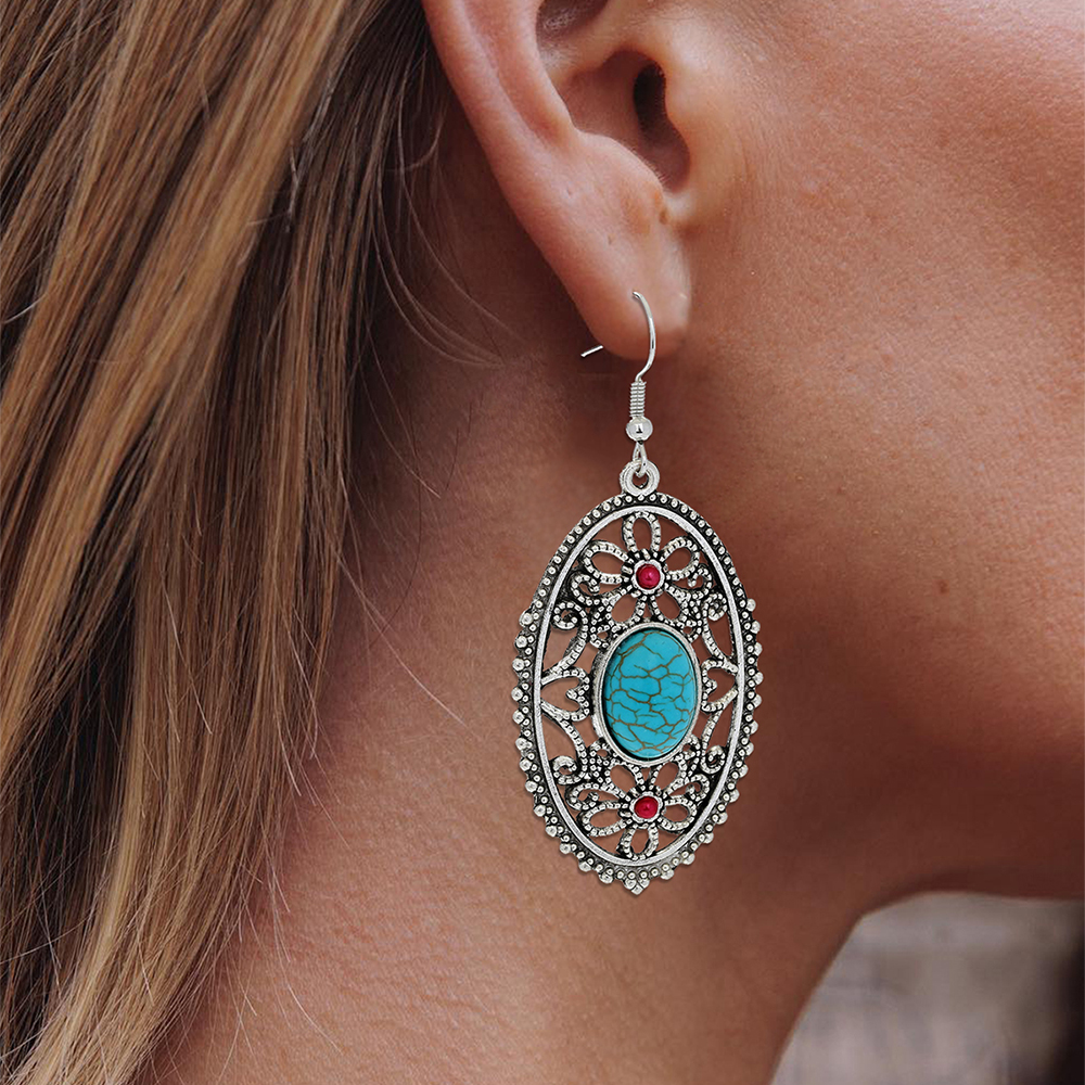 Vintage Style Oval Flower Alloy Hollow Out Turquoise Earrings display picture 7
