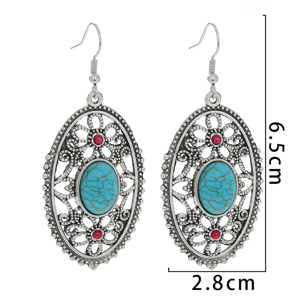 Vintage Style Oval Flower Alloy Hollow Out Turquoise Earrings display picture 8