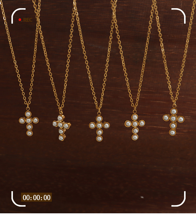 Titanium Steel Round Cross Imitation Pearl Women's Retro Sweet Necklace display picture 1