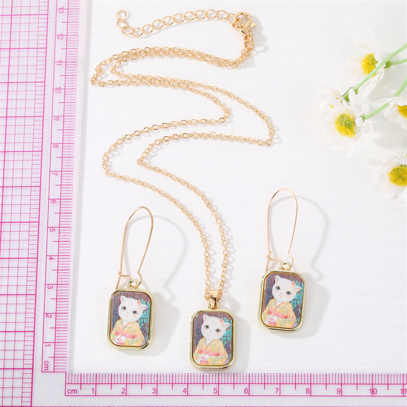 New Cute Style Cat Oil Painting Square Pendant Earrings display picture 2