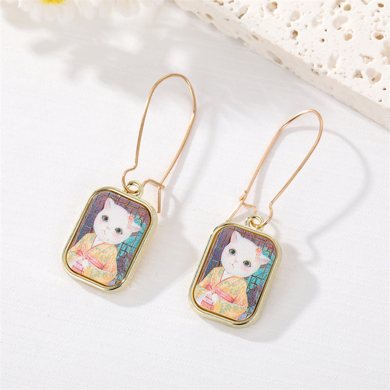 New Cute Style Cat Oil Painting Square Pendant Earrings display picture 3