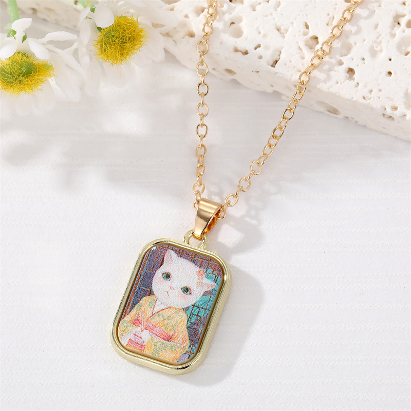 New Cute Style Cat Oil Painting Square Pendant Earrings display picture 4