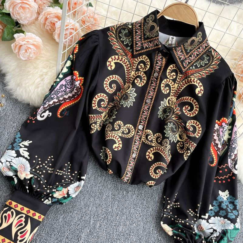 Retro Totem Printed Lantern Long Sleeve Lapel Shirt display picture 3