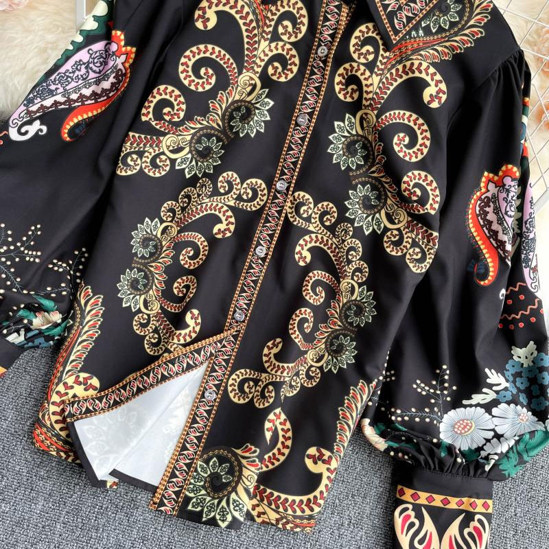 Retro Totem Printed Lantern Long Sleeve Lapel Shirt display picture 1