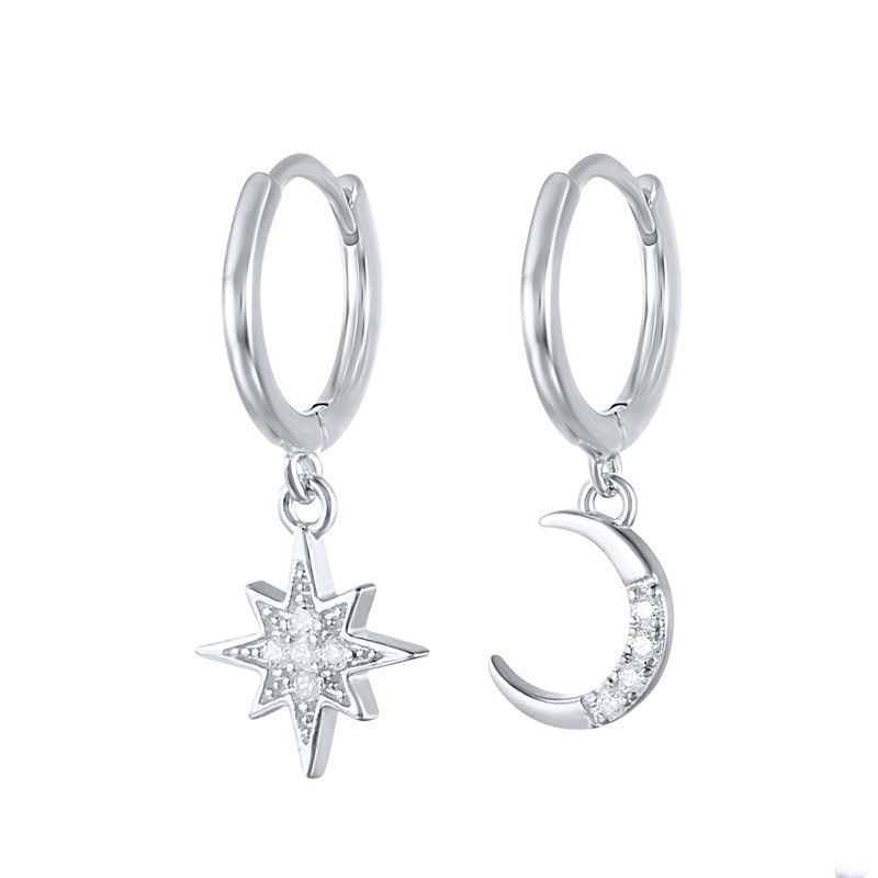 S925 D'argent De Mode Créative Étoiles Lune Asymétrique Oreille Clip Boucles D'oreilles display picture 3