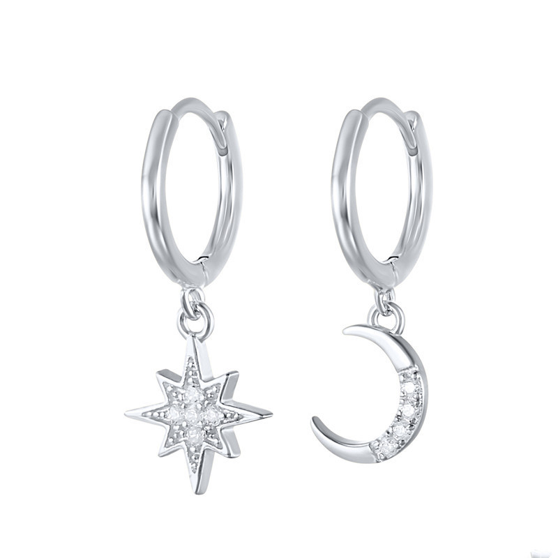 S925 Sterling Silver Fashion Creative Star Moon Asymmetric Ear Clip Earrings display picture 3