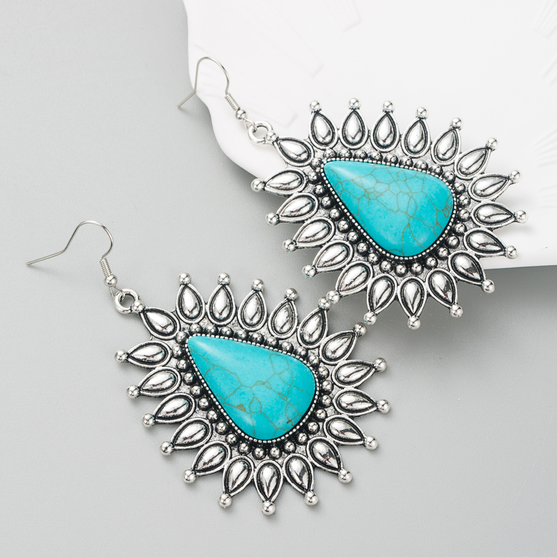 Retro Ethnic Alloy Silver Blue Turquoise Geometric Earrings display picture 2