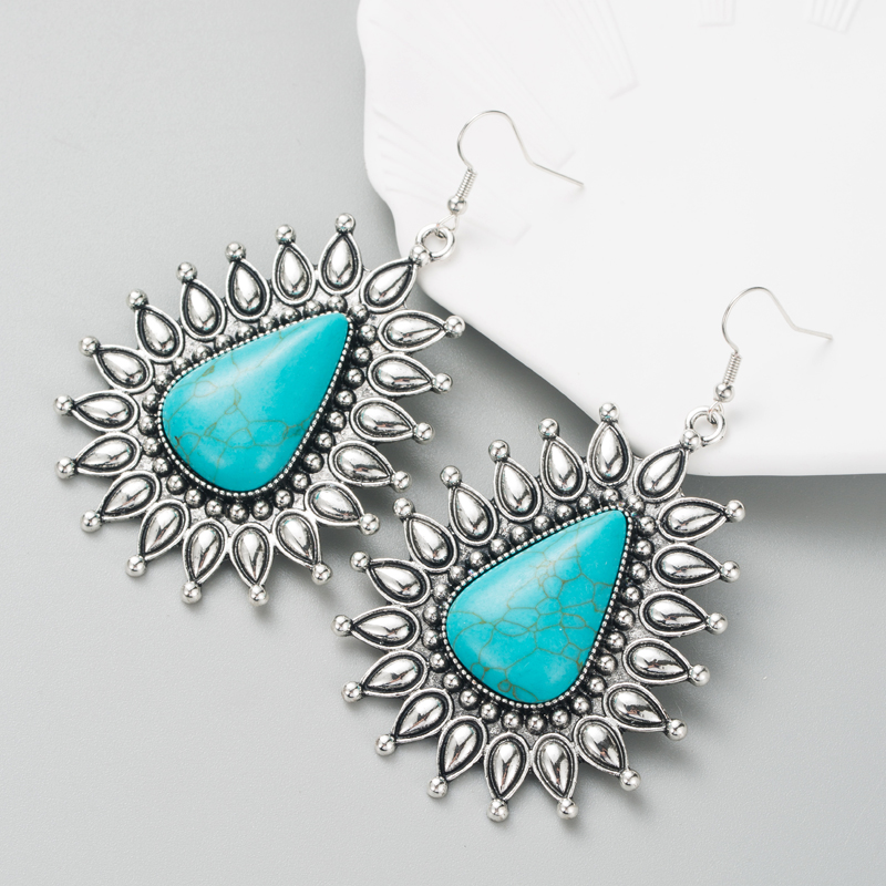 Retro Ethnic Alloy Silver Blue Turquoise Geometric Earrings display picture 3