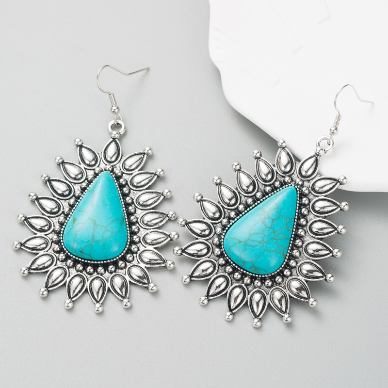 Retro Ethnic Alloy Silver Blue Turquoise Geometric Earrings display picture 4