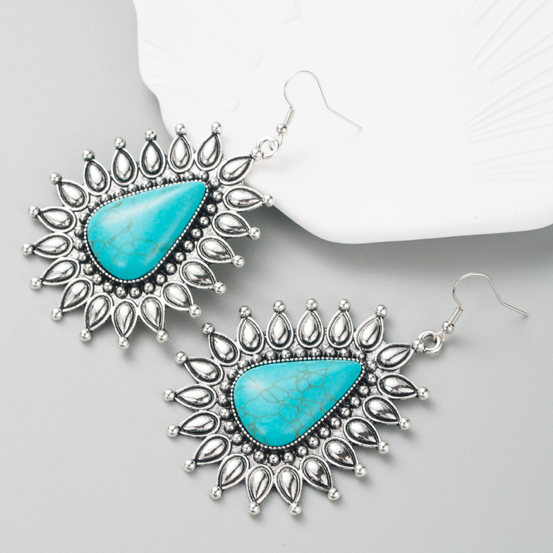 Retro Ethnic Alloy Silver Blue Turquoise Geometric Earrings display picture 5