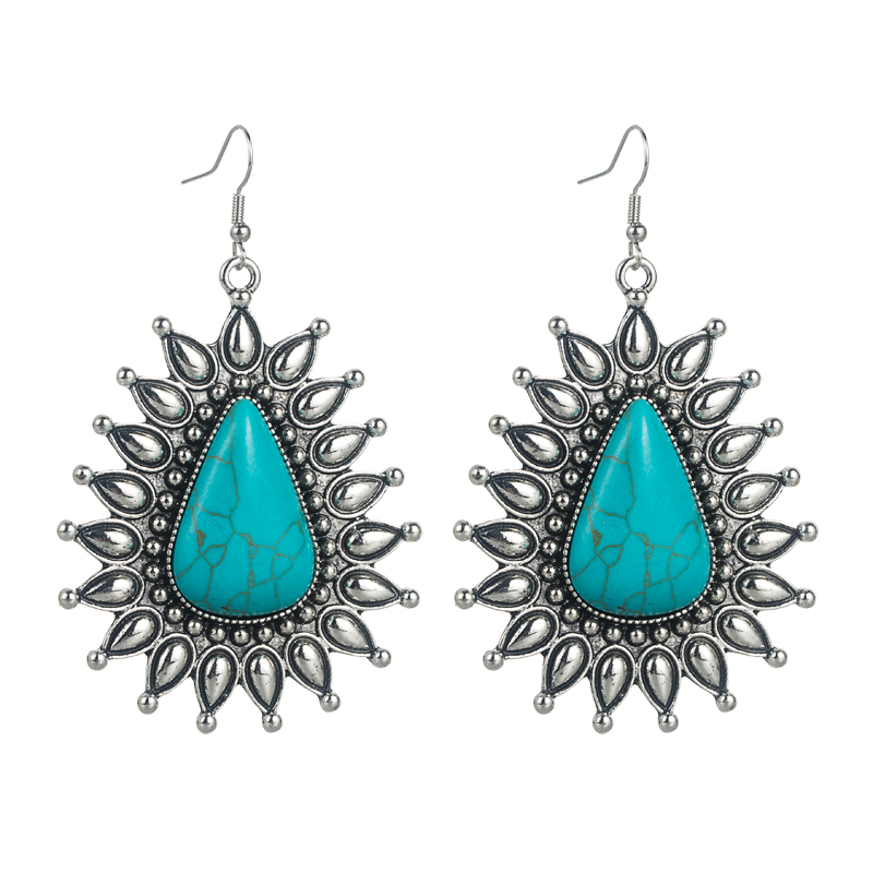 Retro Ethnic Alloy Silver Blue Turquoise Geometric Earrings display picture 6