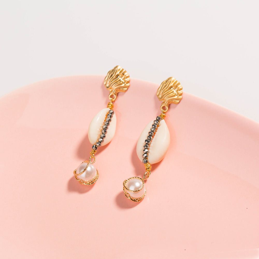 New Fashion Creative Shell Ear Hook Round Pearl Alloy Earrings display picture 4