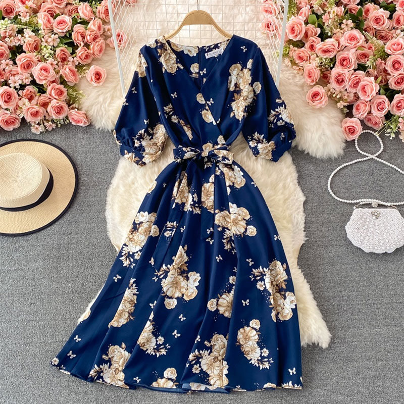 Vacances Petites Fleurs Col En V Manche Courte Fleur Mousseline De Soie Robes Robe Mi-longue Robe À Fleurs display picture 6